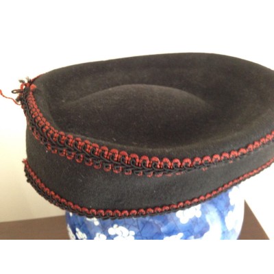 GEORGE BOLLMAN BLACK HAT 1950s fine Doeskin Wool RED Passamenterie Rickrack Trim  eb-21171834
